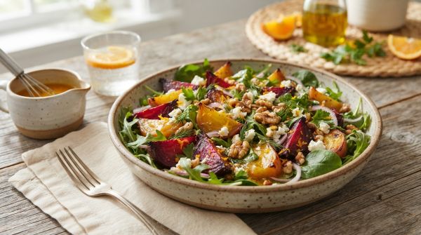 Explorez les mystères d"une savoureuse salade de betteraves rôties avec une vinaigrette à l"orange
